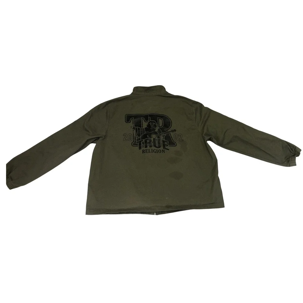 True Religion Mens Military Green HS Twill Jacket Buddha Graphic Full Zip‎ Large
